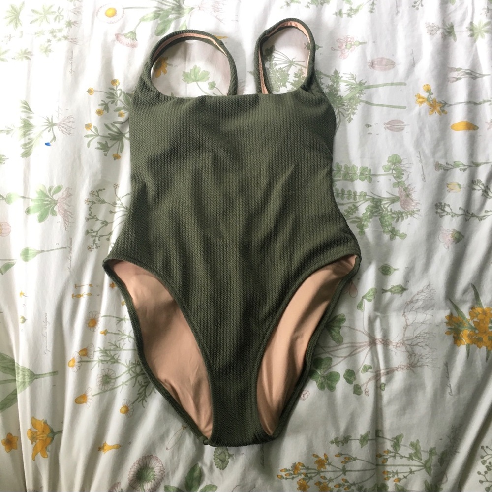J. Crew textured one piece square neck swimsuit in green size 12